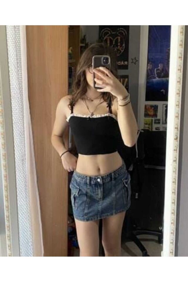 Coquette Lolita dantel detaylı askılı kurdele crop Siyah - 5XL