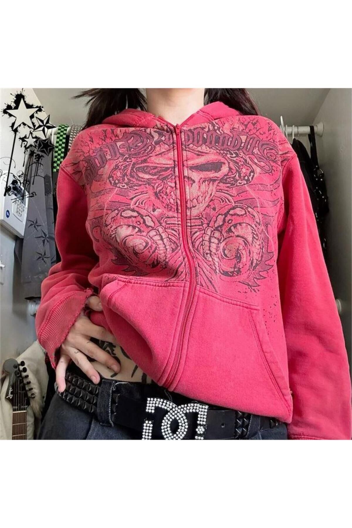 Kırmızı Skull Horn Cyber Grunge Kapüşonlu Sweatshirt