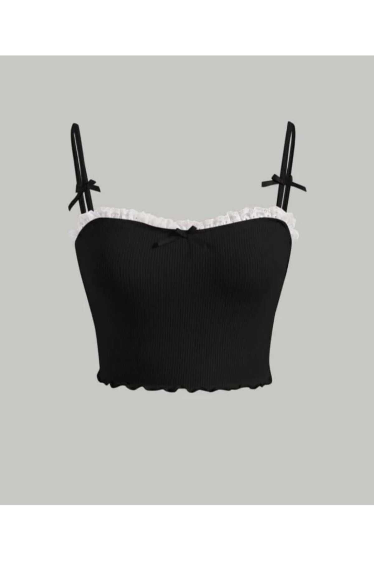 Coquette Lolita dantel detaylı askılı kurdele crop Siyah - XS