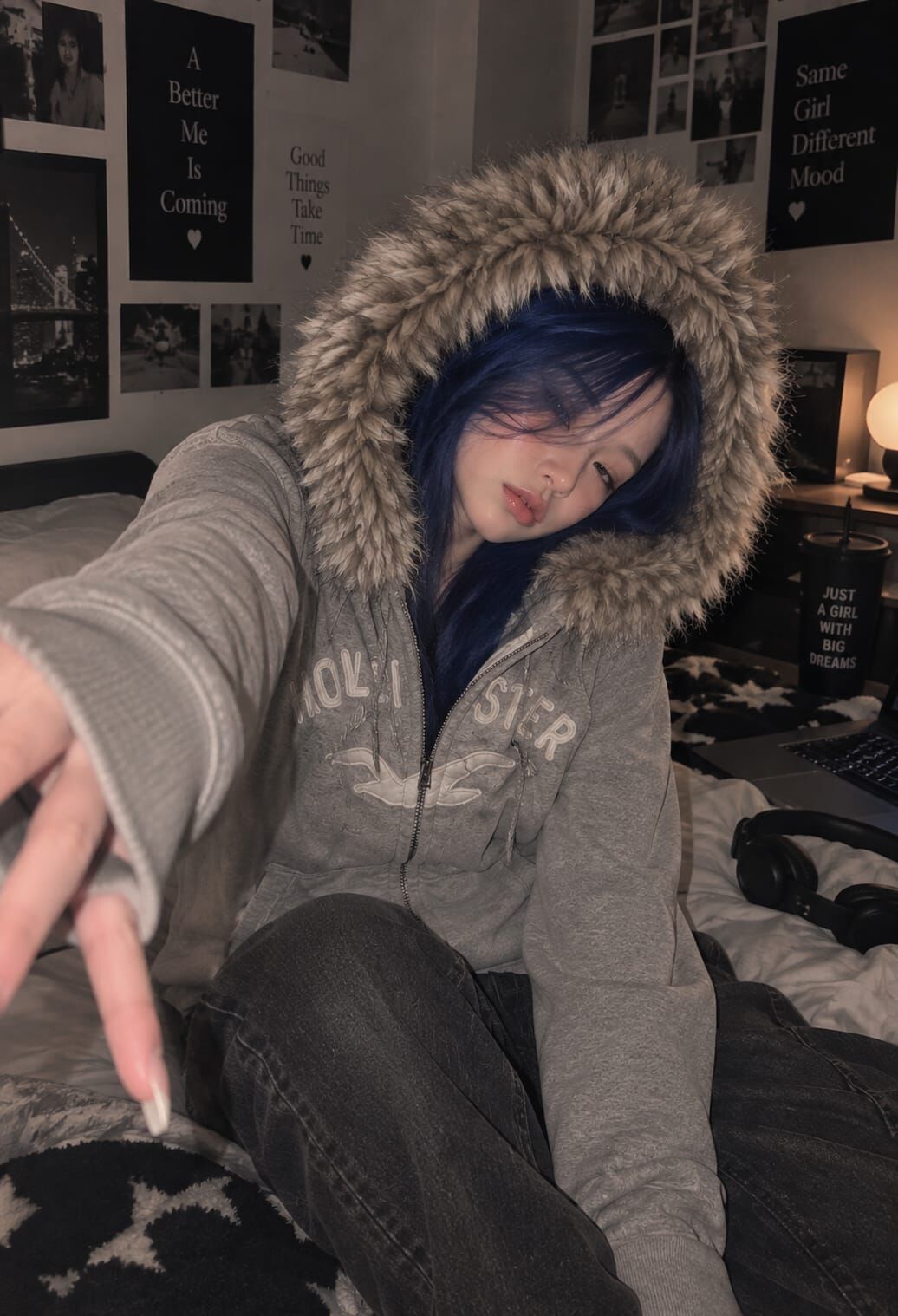 Holister gri kürk kapşonlu harajuku street tam boy hırka