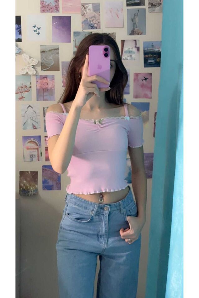 Coquette Lolita Madonna yaka dantel detaylı bluz Pembe - S
