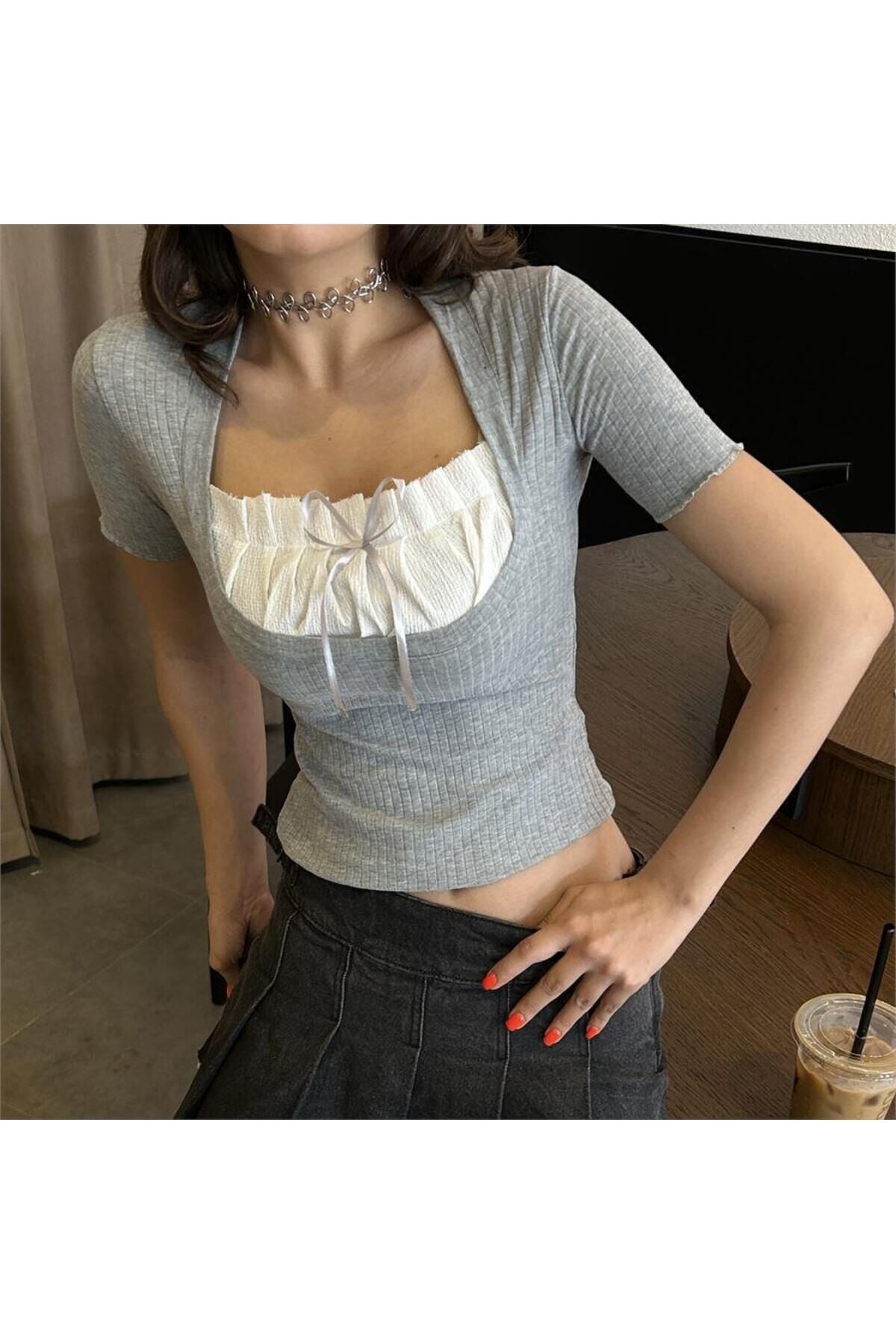 Gri Melanj İspanyol Kol Kurdeleli Dantel Yaka Kısa Kollu Bluz