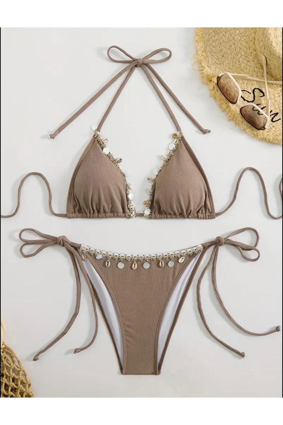 Deniz Kabuğu Kum Rengi Pinterest Yeni Sezon Bikini Takımı Kahverengi - XS