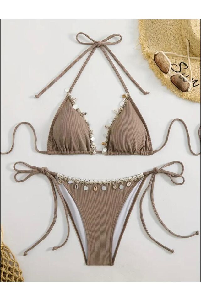 Deniz Kabuğu Kum Rengi Pinterest Yeni Sezon Bikini Takımı Kahverengi - XS