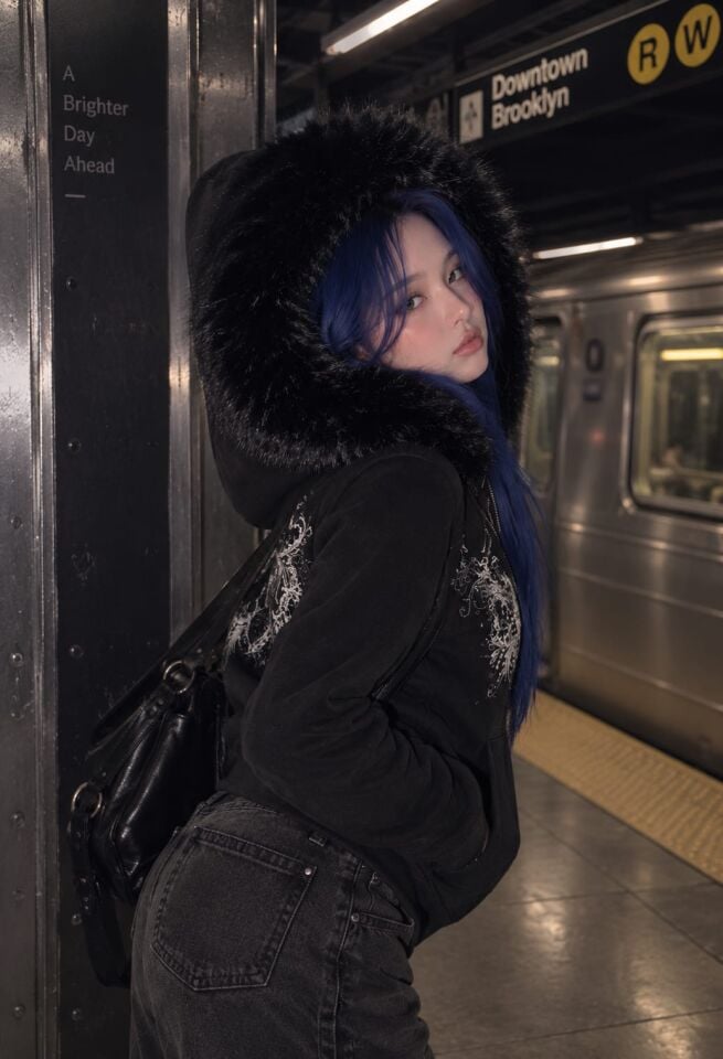 Kürk kapşonlu siyah gotik tam boy street hırka