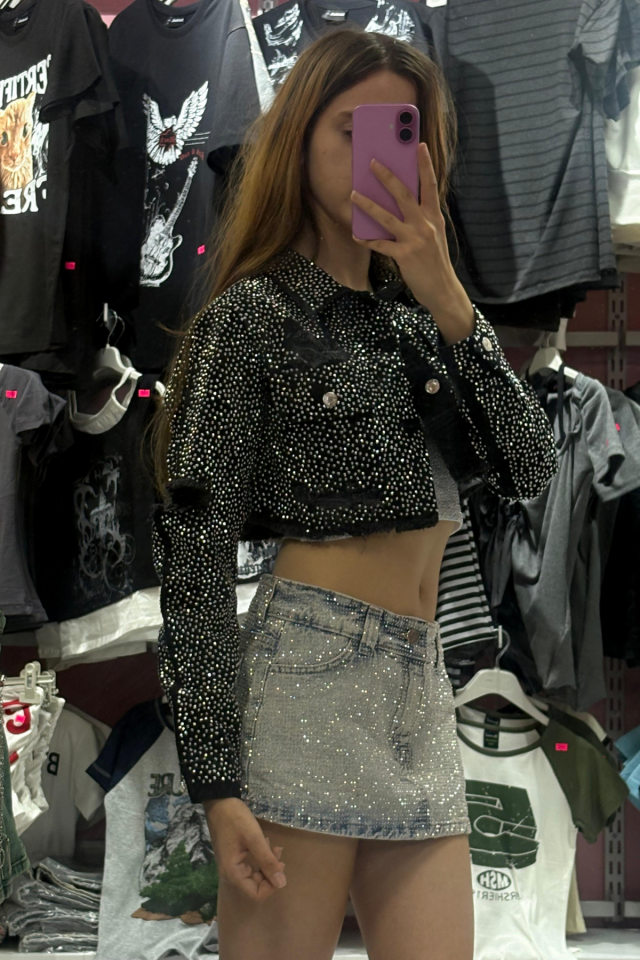Diamond Taşlı Yırtık Detay Crop Boy Ceket