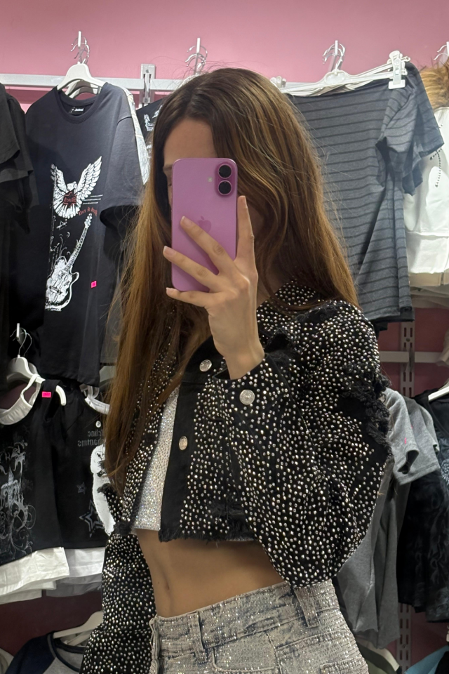 Diamond Taşlı Yırtık Detay Crop Boy Ceket