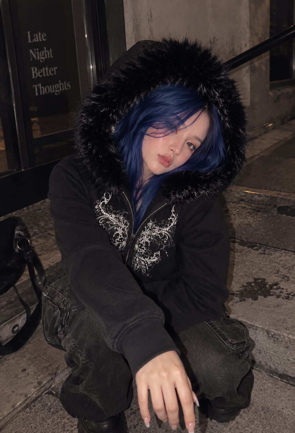 Kürk kapşonlu siyah gotik tam boy street hırka