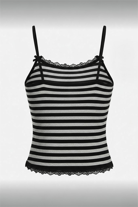 Siyah Gri Çizgili Kara Kedi Detaylı Dantel Yaka Fiyonklu Y2K Askılı Crop