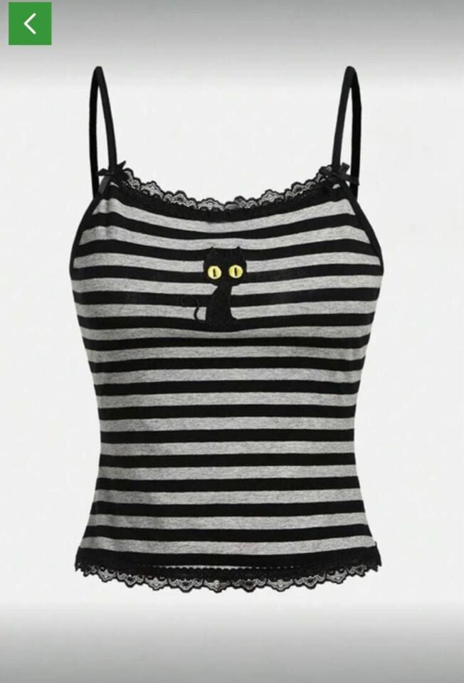 Siyah Gri Çizgili Kara Kedi Detaylı Dantel Yaka Fiyonklu Y2K Askılı Crop