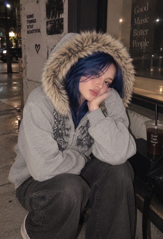 Gri skull gotik kürk kapşonlu Oversize hırka