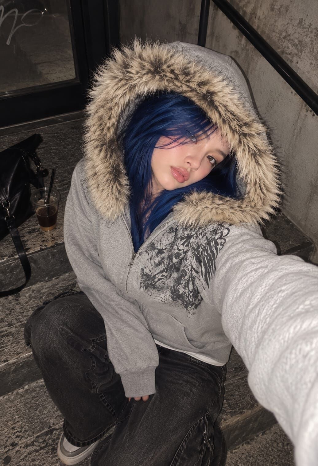 Gri skull gotik kürk kapşonlu Oversize hırka