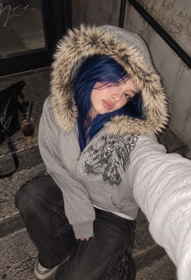 Gri skull gotik kürk kapşonlu Oversize hırka