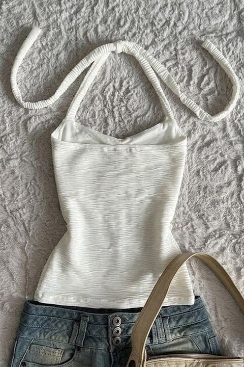 Beyaz Yıldızı Detaylı Mermaidcore Büzgülü Y2K Askılı Crop