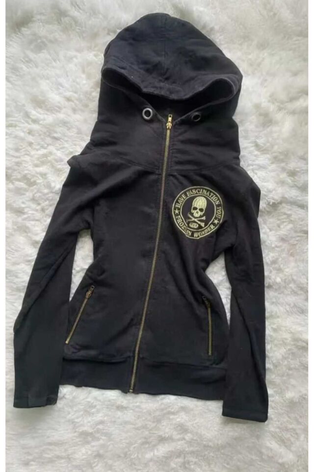 Siyah Kuru Kafalı Fascination Gotik Skull Harajuku Y2K Kapüşonlu Crop Hırka Siyah - L