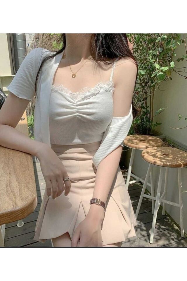 Hırka & crop ikili Pinterest takım Beyaz - XL