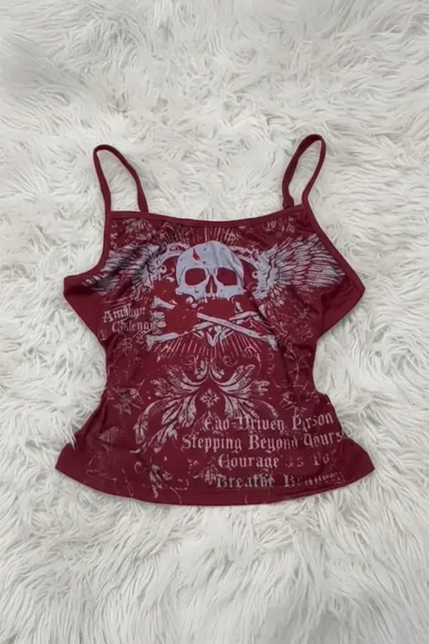 Bordo Skull Ambition Gotik Rose Y2K Askılı Crop