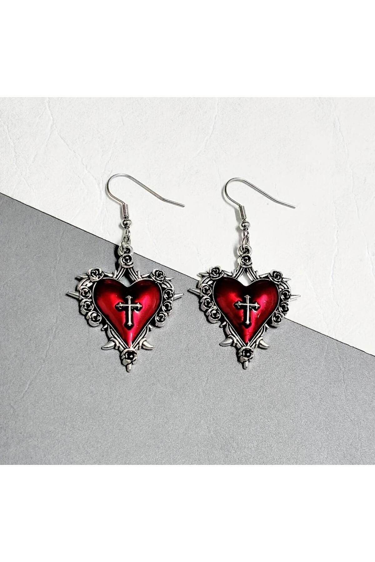 Gothic Heart Thorned Haç Gümüş Kaplama Küpe Bordo - Tek Ebat