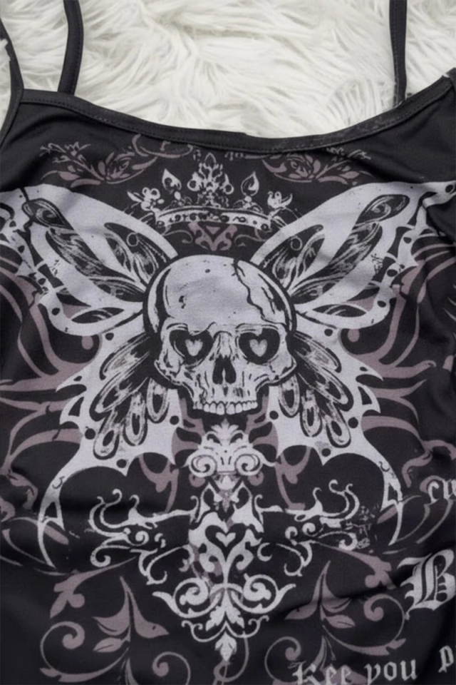 Siyah Gotik Skull Butterfly Wings Y2K Askılı Crop (XS)