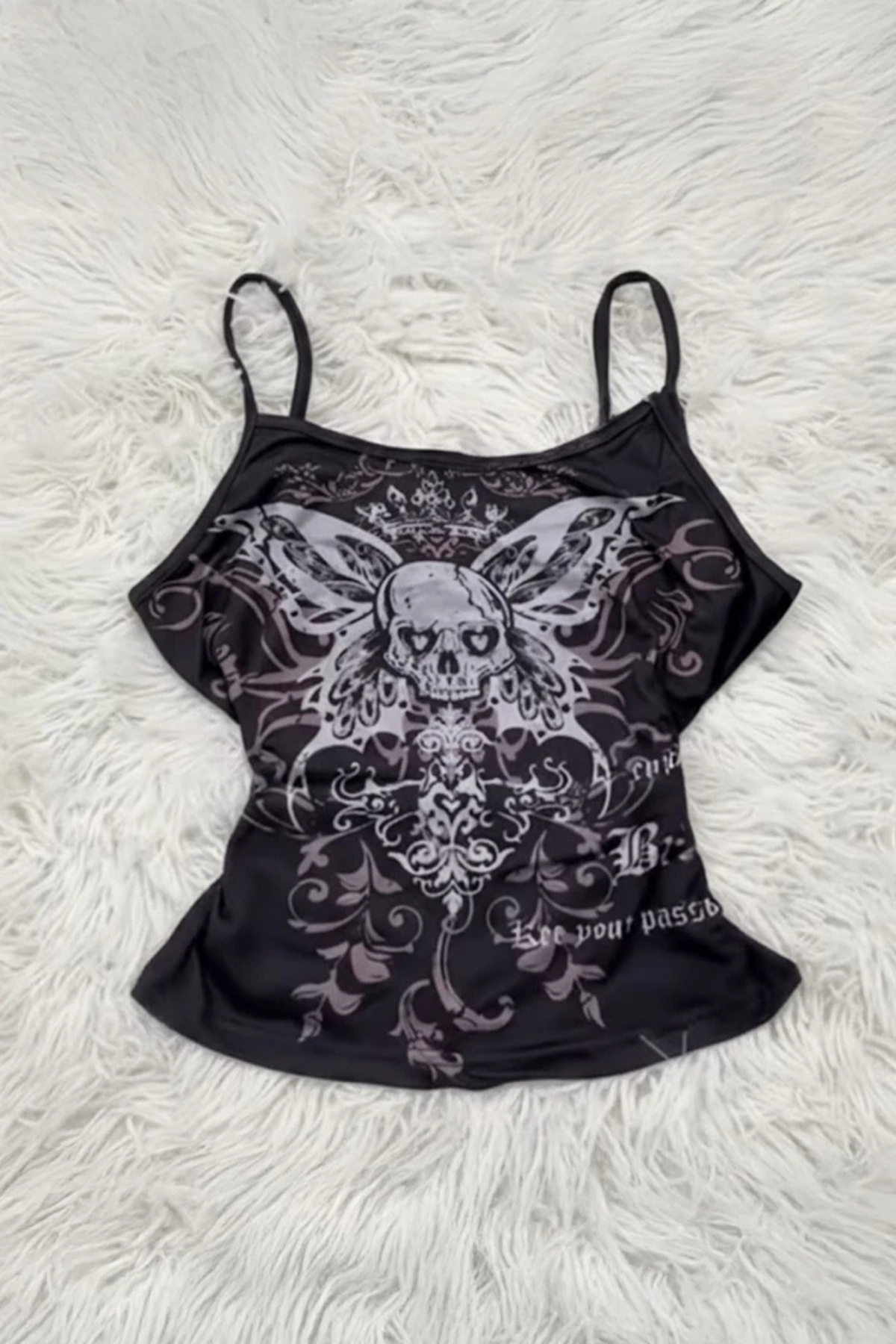 Siyah Gotik Skull Butterfly Wings Y2K Askılı Crop (XS)