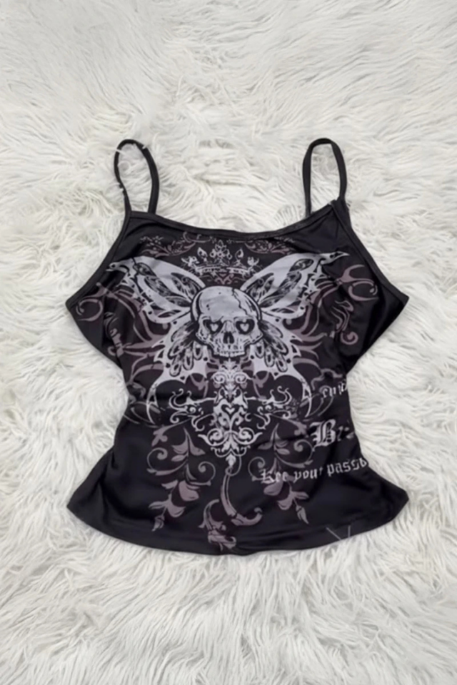 Siyah Gotik Skull Butterfly Wings Y2K Askılı Crop (XS)