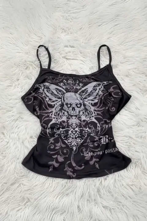 Siyah Gotik Skull Butterfly Wings Y2K Askılı Crop