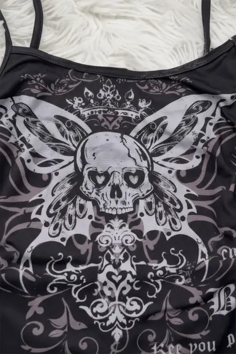 Siyah Gotik Skull Butterfly Wings Y2K Askılı Crop
