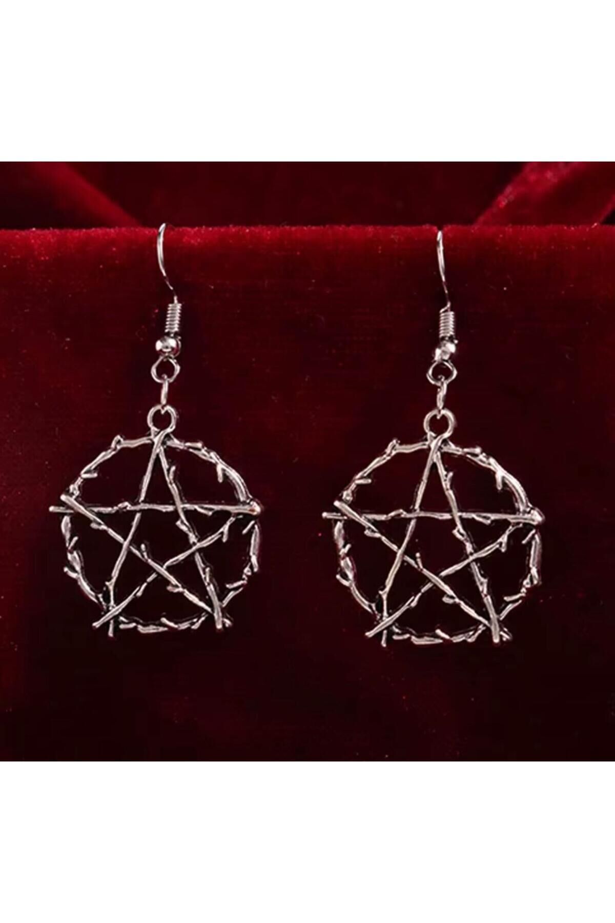 Gothic Pentagram Dikenli Gümüş Kaplama Küpe Gümüş - Tek Ebat
