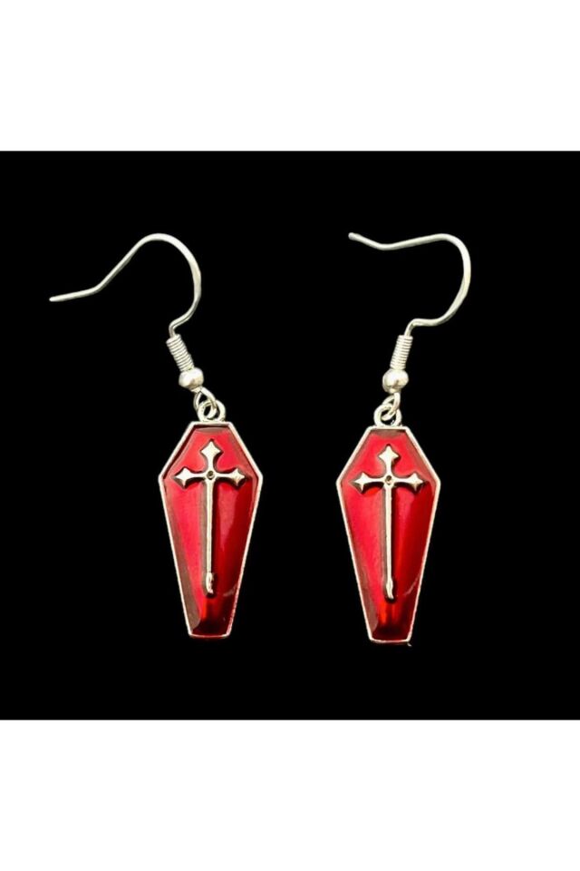 Gothic Vampire Tabut Haç küpe Bordo - Tek Ebat