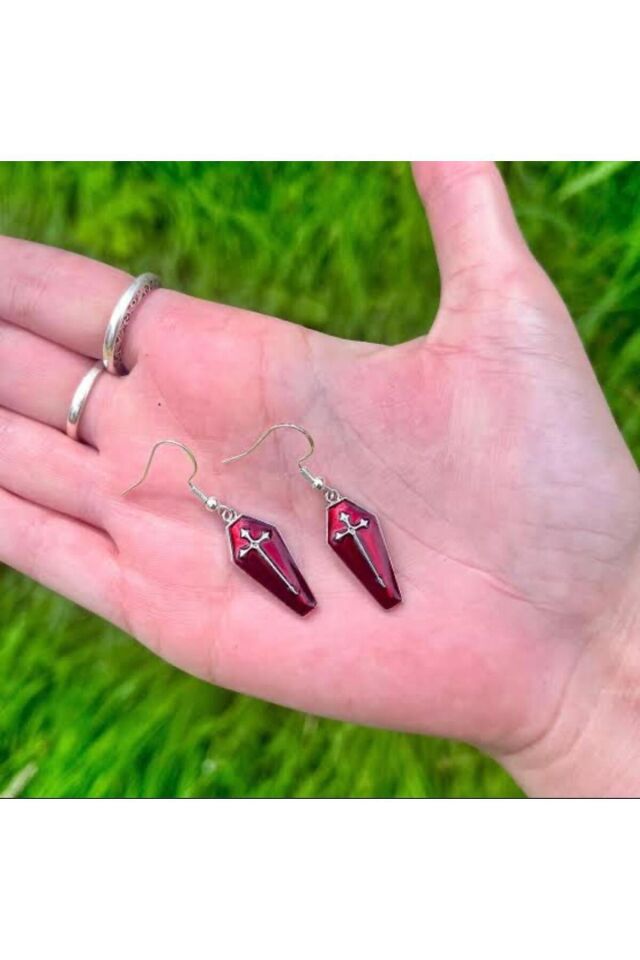 Gothic Vampire Tabut Haç küpe Bordo - Tek Ebat
