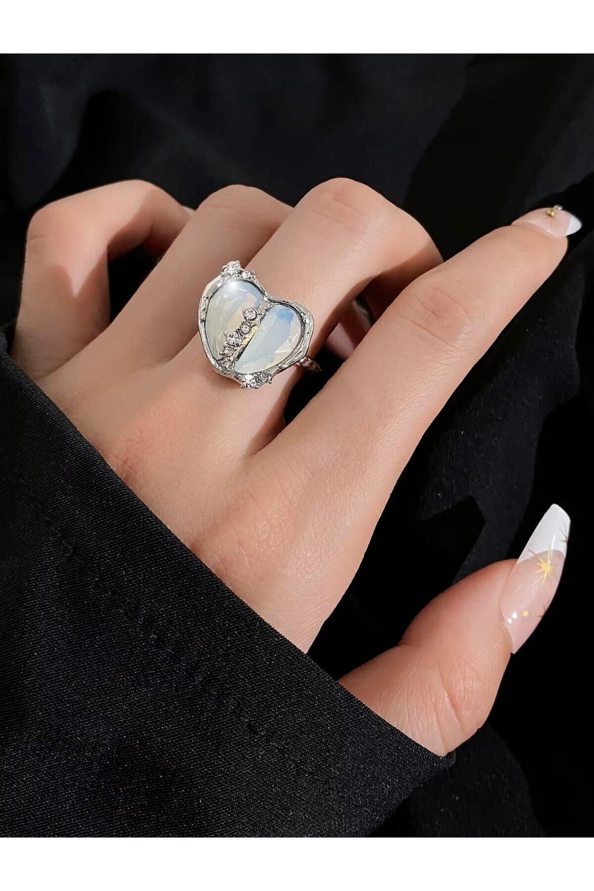 Pinterest Coquette Lolita Blue Heart Pırlanta Taşlı Gümüş Kaplama Ayarlanabilir Yüzük Gümüş - Tek Ebat