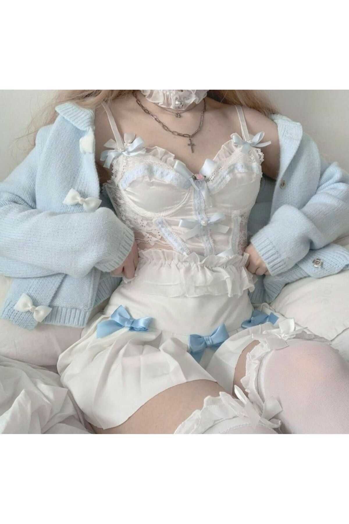 kurdeleli pileli mini etek Mavi - 2XL