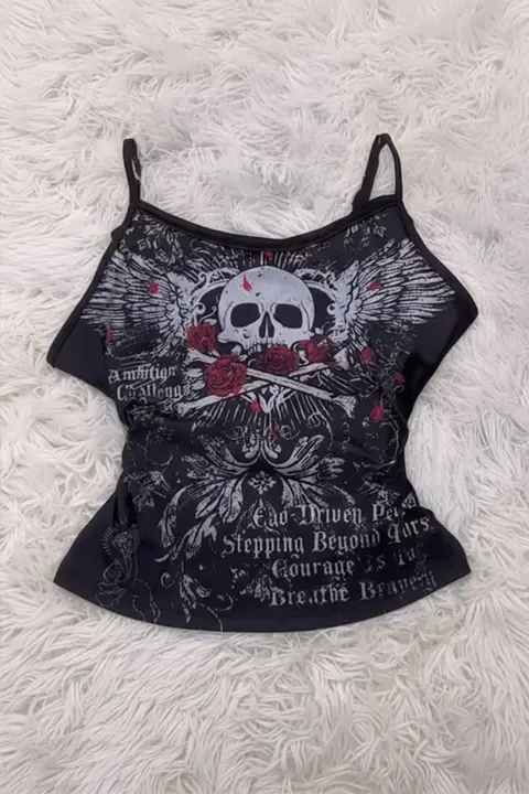 Siyah Skull Ambition Gotik Rose Y2K Askılı Crop