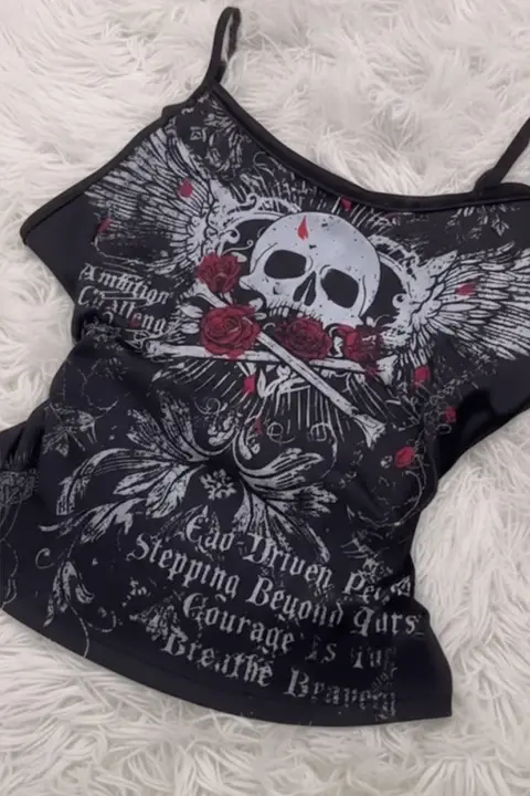 Siyah Skull Ambition Gotik Rose Y2K Askılı Crop