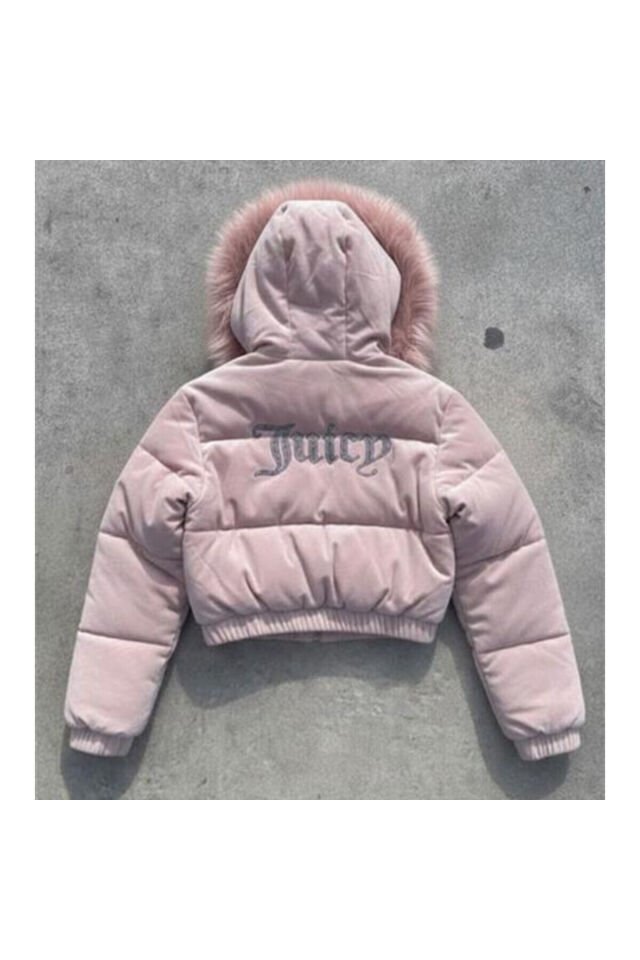 Juicy Pembe Peluş Kapüşonlu Şişme Crop Mont Pembe - L