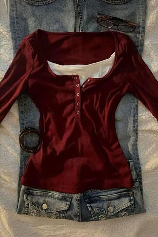 Bordo Henley Yaka Ekli Y2K Uzun Kollu Bluz Bordo - M