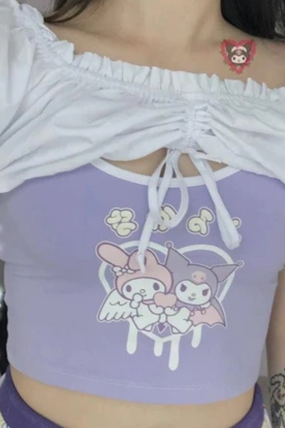 Anime Sanrio Kuromi And My Melody - Heart Lila Gotik Y2K Askılı Crop