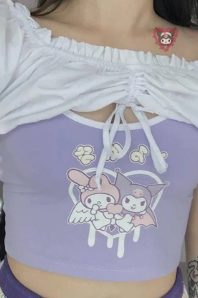 Anime Sanrio Kuromi And My Melody - Heart Lila Gotik Y2K Askılı Crop