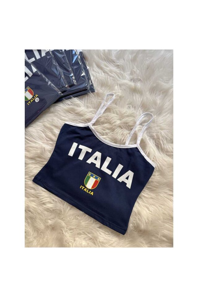 İtalya Beyaz Şeritli Askılı Crop T-Shirt Lacivert - M