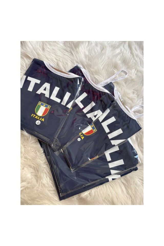 İtalya Beyaz Şeritli Askılı Crop T-Shirt Lacivert - M