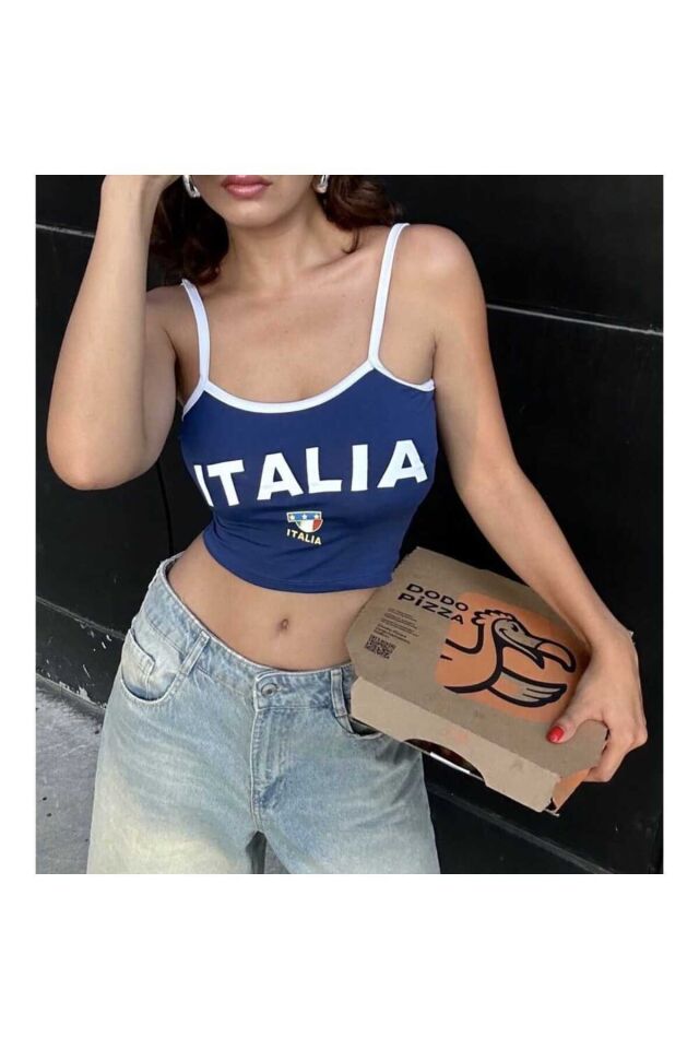 İtalya Beyaz Şeritli Askılı Crop T-Shirt Lacivert - XS