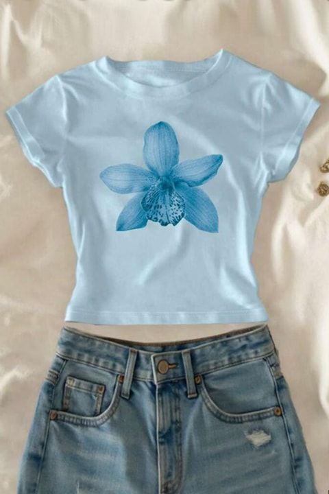 Mavi Lily Flower Y2K Kısa Kollu Crop