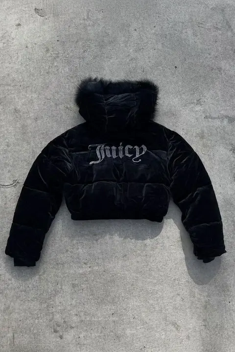 Siyah Juicy Peluş Kapüşonlu Şişme Crop Mont