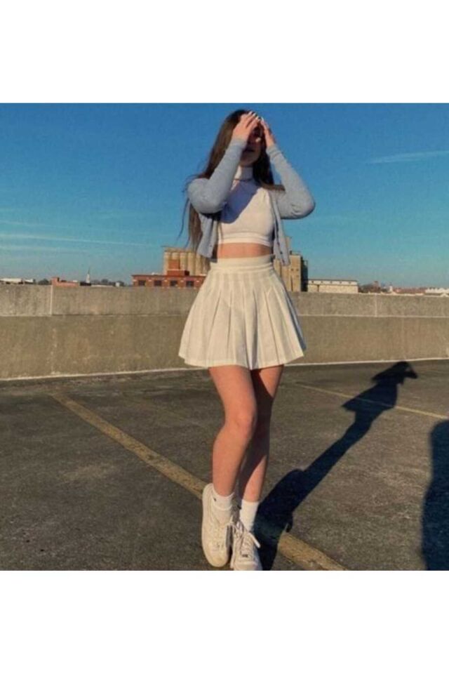 Pileli yüksek bel school cosplay etek Beyaz - XL