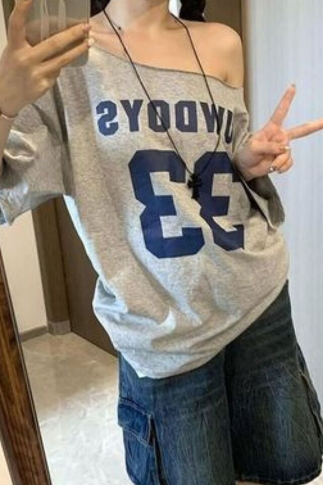Number 33 Uuwdoys Düşük Omuz Kısa Kol Madonna Yaka T-shirt Gri - S