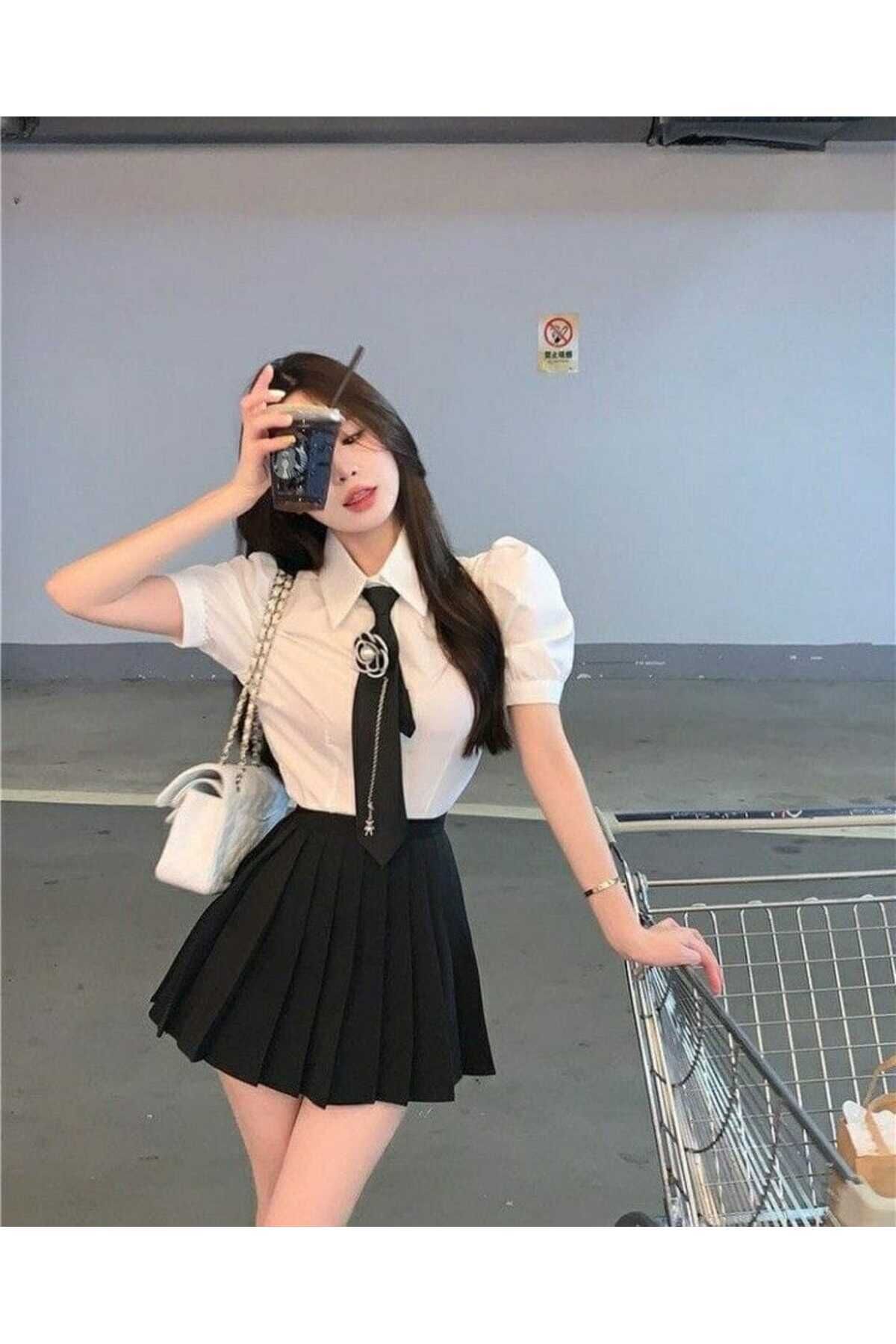 Pileli yüksek bel school cosplay etek Siyah - 2XL