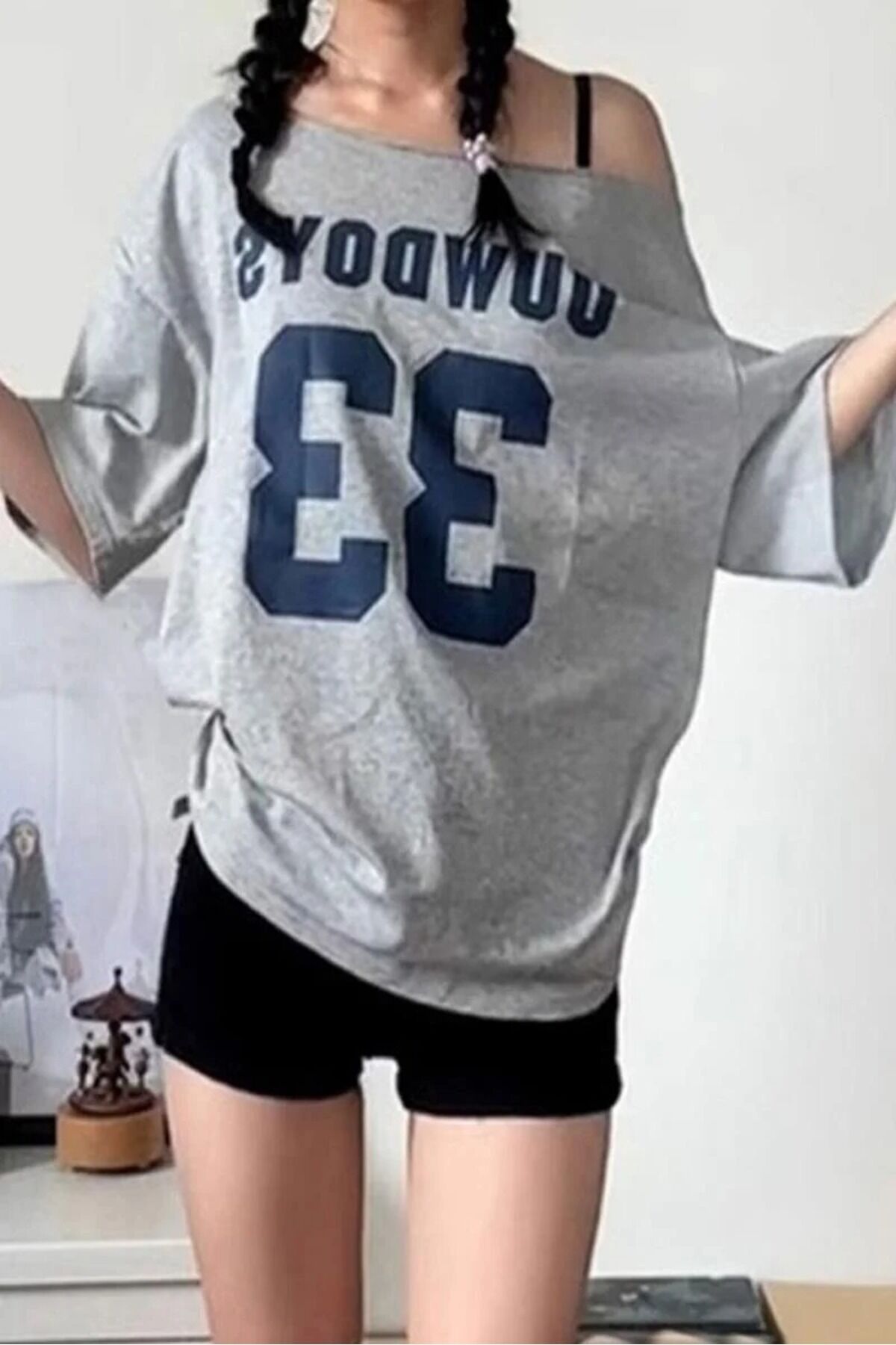 Number 33 Uuwdoys Düşük Omuz Kısa Kol Madonna Yaka T-shirt Gri - M