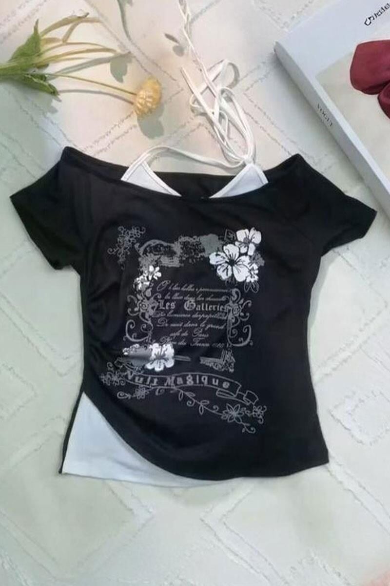 Siyah Nuit Magique Madonna Yaka Ek Askılı Y2K Kısa Kollu Full Body Bluz