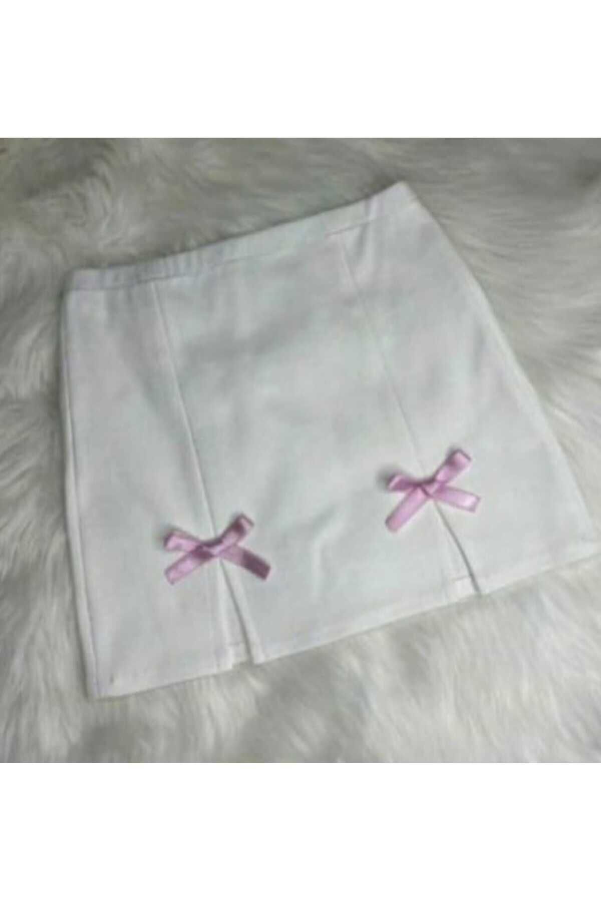 Coquette Lolita çift yırtmaçlı kurdeleli mini etek Beyaz - XL
