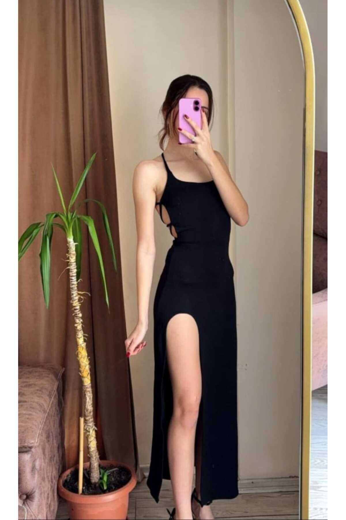 Yırtmaçlı sırt dekolteli spagetti askılı uzun Gece elbisesi/mezuniyet elbisesi Siyah - XXS